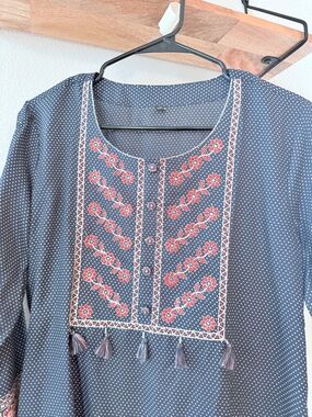 Navy Polka-Dot Tunic with Pink Floral Embroidery